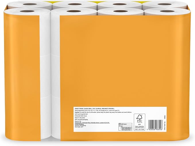 Our Essentials by Amazon Toilet Tissue Classic Roll, 2-ply, 24 Rolls (1 Pack of 24), 200 Sheets per Roll