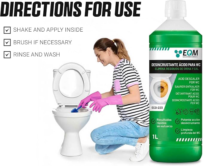 EQM - Acid Toilet Cleaner & Descaler 1L - Heavy Duty Limescale, Calcium & Rust Remover - Powerful Bathroom Cleaner for Toilets & Sanitary Ware