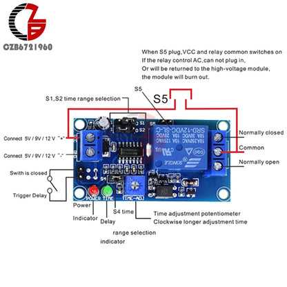DC 12V Time Relay Module Normal Open Time Delay Relay Timing Timer Relay Control Switch Adjustable Potentiometer LED Indicator