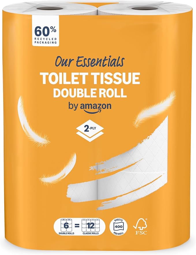 Our Essentials by Amazon Toilet Tissue Double Roll, 2-ply, 6 Rolls (1 Pack of 6), 400 Sheets per Roll