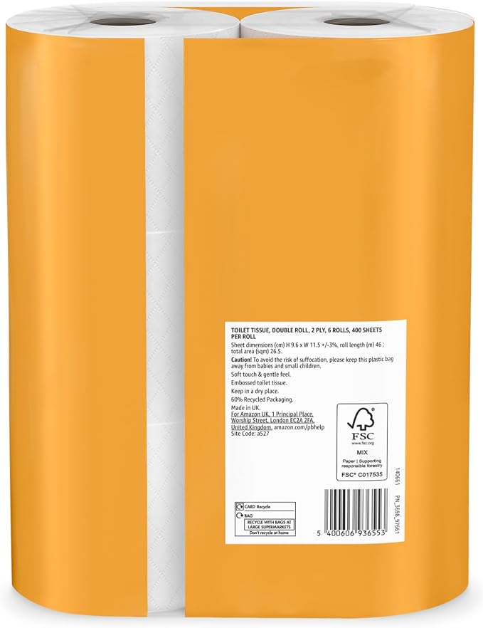 Our Essentials by Amazon Toilet Tissue Double Roll, 2-ply, 6 Rolls (1 Pack of 6), 400 Sheets per Roll