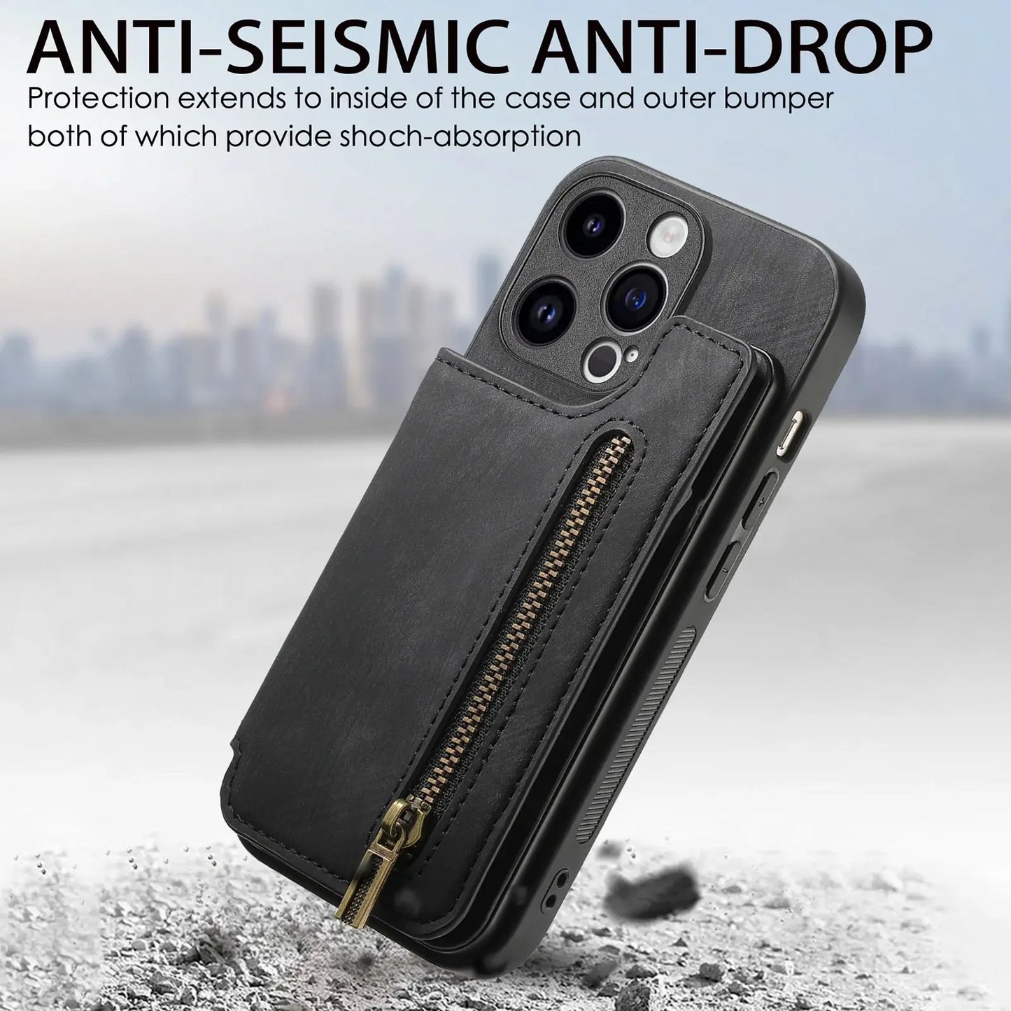 Leather Zipper Wallet with Card Holder Phone Case for IPhone 15 14 11 Pro Max 13 12 Mini X XR XS Max 8 7 Plus Shockproof Cover