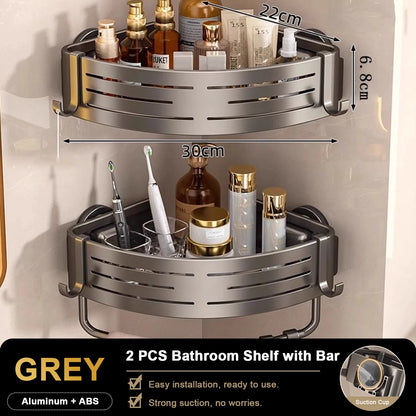Bathroom Shelf for Shower Corner with Towel Holder Hooks, Suction Cup Wall Mounted Grey Bathroom Rack Space Aluminum