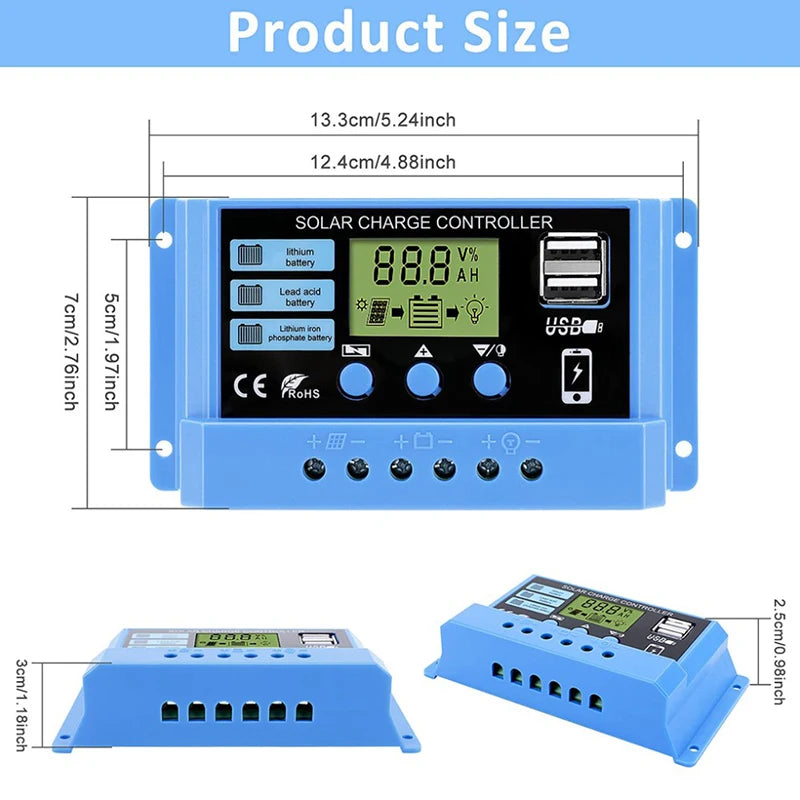 Solar charge Controller 12V/24V 30A 20A 10A Solar Regulator PWM Battery Charger LCD Display Dual USB 5V Output Timer Setting