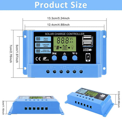 Solar charge Controller 12V/24V 30A 20A 10A Solar Regulator PWM Battery Charger LCD Display Dual USB 5V Output Timer Setting