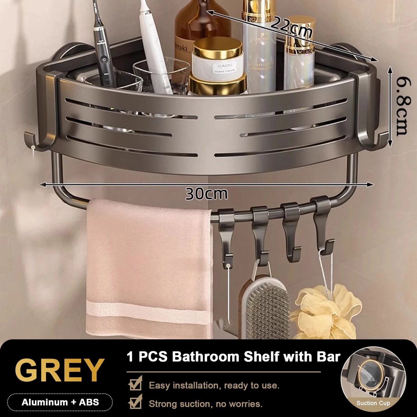 Bathroom Shelf for Shower Corner with Towel Holder Hooks, Suction Cup Wall Mounted Grey Bathroom Rack Space Aluminum