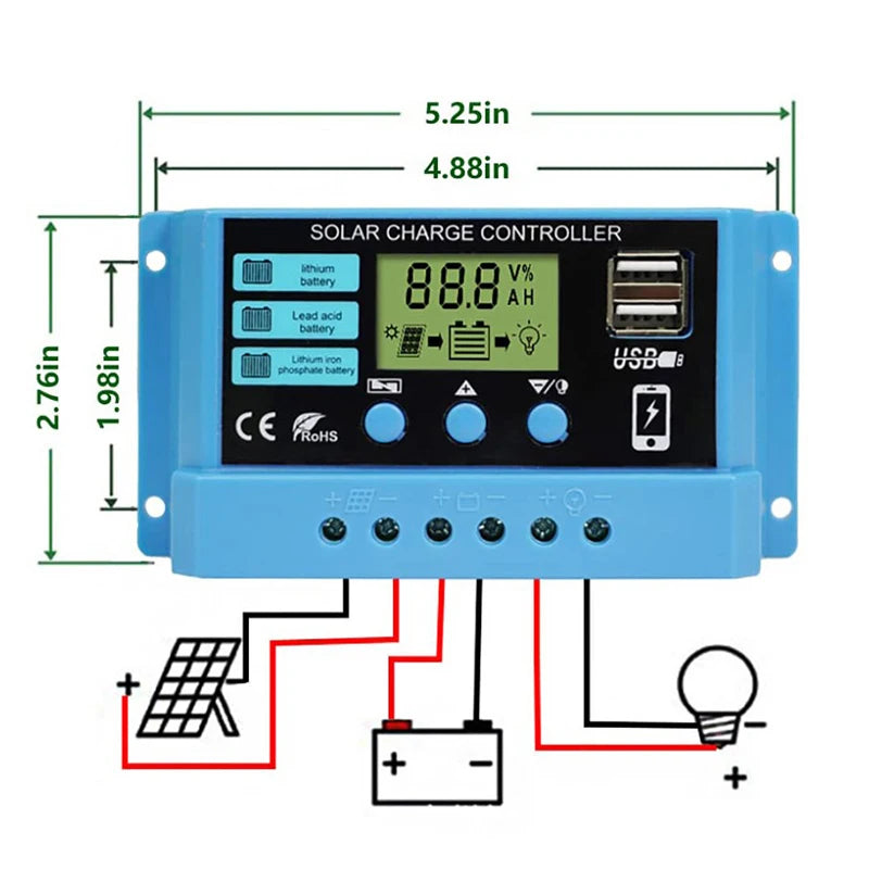 Solar charge Controller 12V/24V 30A 20A 10A Solar Regulator PWM Battery Charger LCD Display Dual USB 5V Output Timer Setting