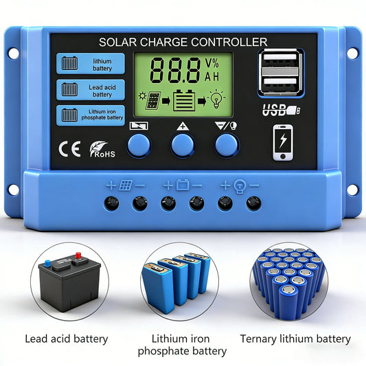 Solar charge Controller 12V/24V 30A 20A 10A Solar Regulator PWM Battery Charger LCD Display Dual USB 5V Output Timer Setting