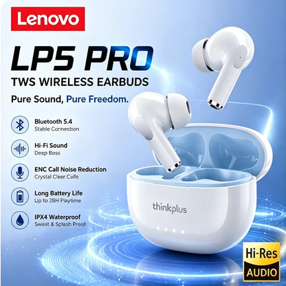 Lenovo LP5 PRO Wireless Bluetooth 5.4 Earphones TWS HiFi Sound Gaming Earbuds LP5Pro Sport Headset Long Standby with Mic 2026