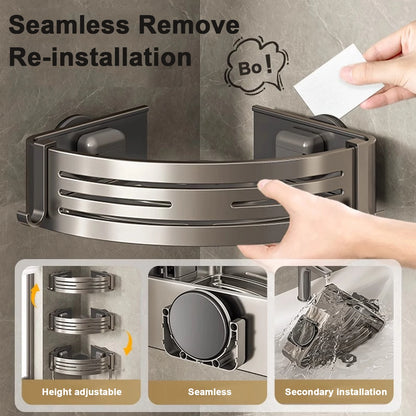 Bathroom Shelf for Shower Corner with Towel Holder Hooks, Suction Cup Wall Mounted Grey Bathroom Rack Space Aluminum