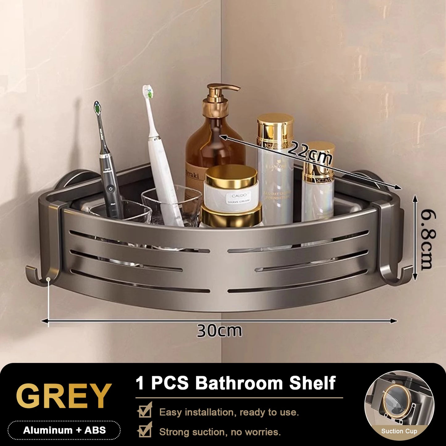 Bathroom Shelf for Shower Corner with Towel Holder Hooks, Suction Cup Wall Mounted Grey Bathroom Rack Space Aluminum