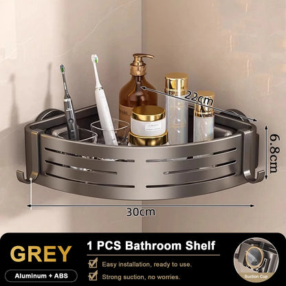 Bathroom Shelf for Shower Corner with Towel Holder Hooks, Suction Cup Wall Mounted Grey Bathroom Rack Space Aluminum