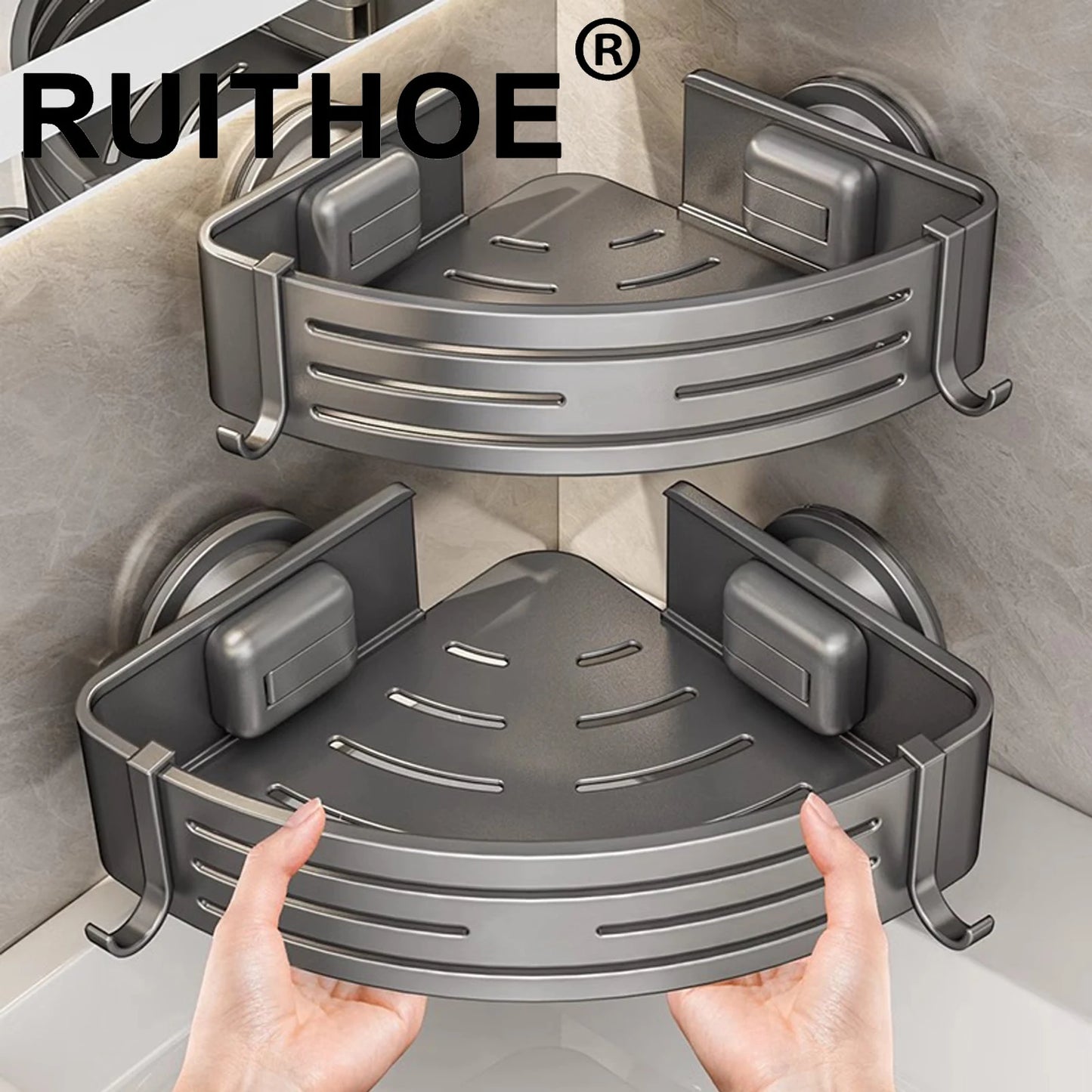 Bathroom Shelf for Shower Corner with Towel Holder Hooks, Suction Cup Wall Mounted Grey Bathroom Rack Space Aluminum