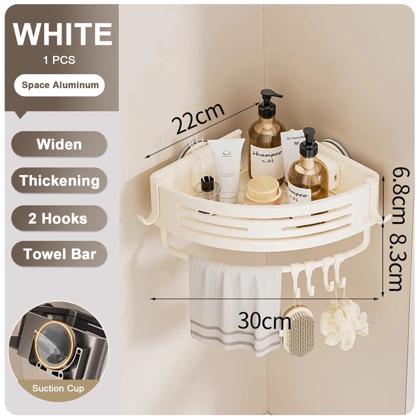 Bathroom Shelf for Shower Corner with Towel Holder Hooks, Suction Cup Wall Mounted Grey Bathroom Rack Space Aluminum