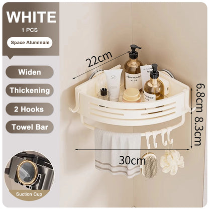 Bathroom Shelf for Shower Corner with Towel Holder Hooks, Suction Cup Wall Mounted Grey Bathroom Rack Space Aluminum