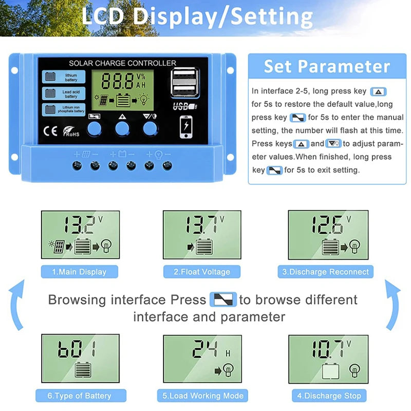 Solar charge Controller 12V/24V 30A 20A 10A Solar Regulator PWM Battery Charger LCD Display Dual USB 5V Output Timer Setting