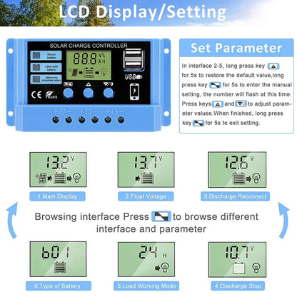 Solar charge Controller 12V/24V 30A 20A 10A Solar Regulator PWM Battery Charger LCD Display Dual USB 5V Output Timer Setting