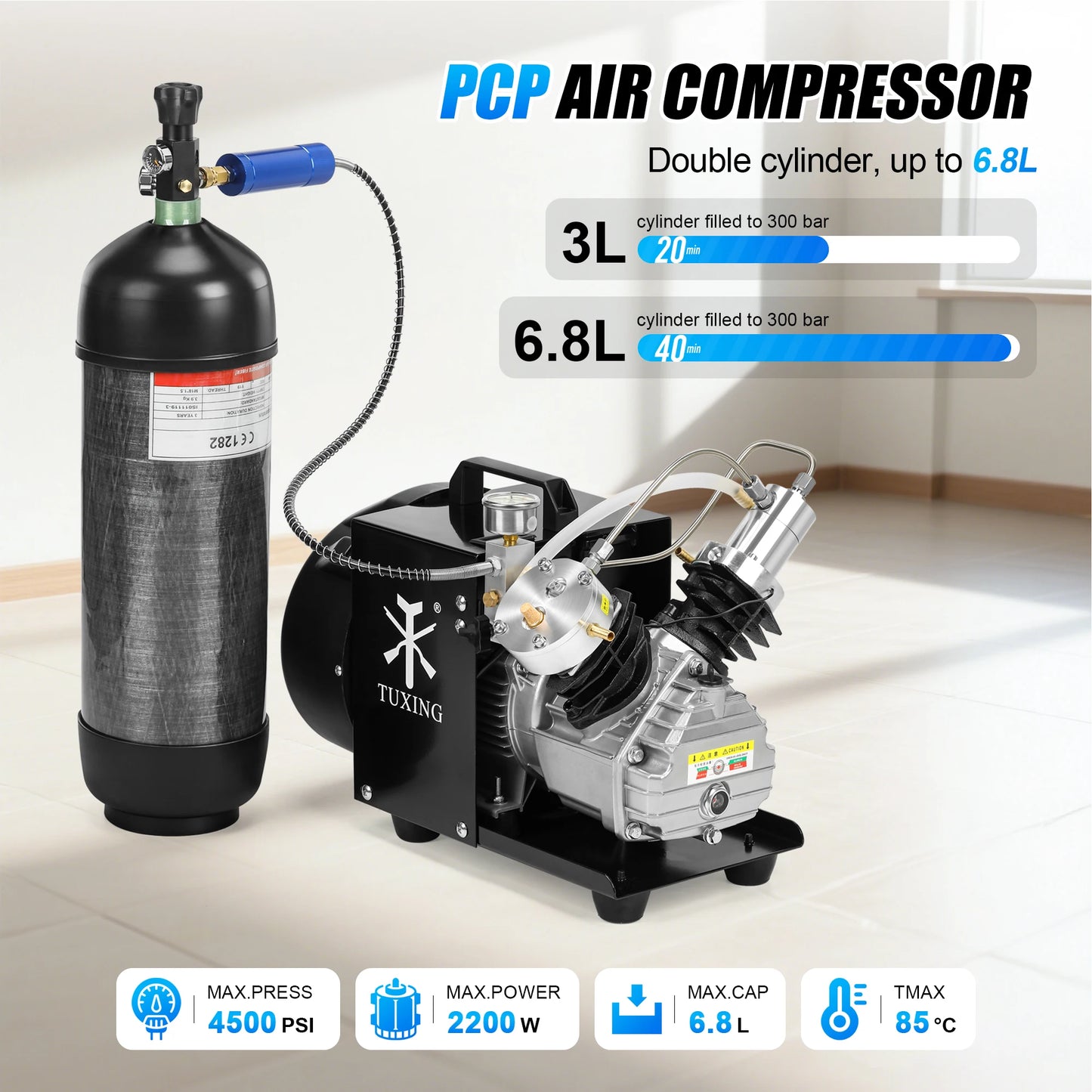 TUXING TXEDM041 300Bar PCP Air Compressor 4500Psi Diving Portable High Pressure Compressor for PCP Paintball Scuba 6.8L Tank