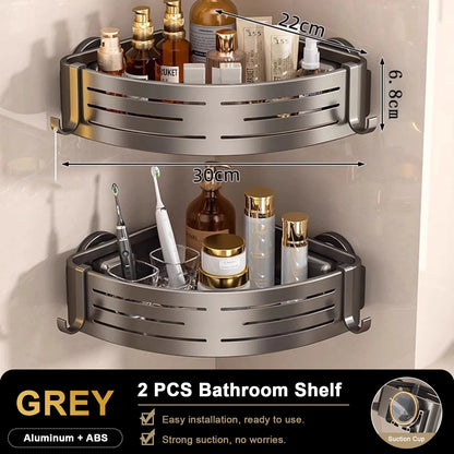 Bathroom Shelf for Shower Corner with Towel Holder Hooks, Suction Cup Wall Mounted Grey Bathroom Rack Space Aluminum