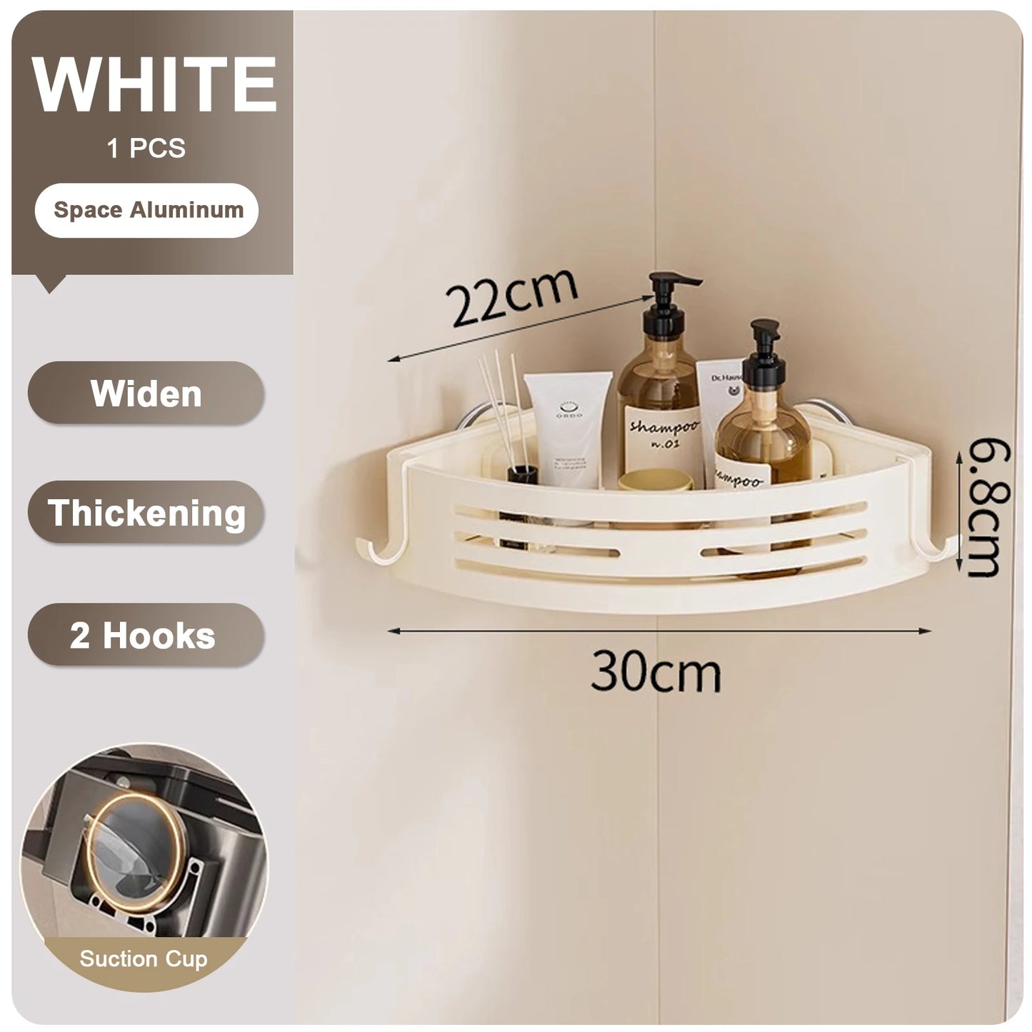Bathroom Shelf for Shower Corner with Towel Holder Hooks, Suction Cup Wall Mounted Grey Bathroom Rack Space Aluminum