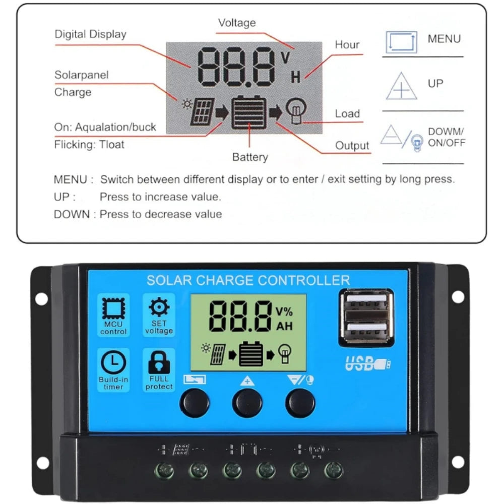 10/20/30/40/100A Solar Charge Controller Discharge Controller LCD Display Dual USB Auto Solar Cell Panel Charger Accessories