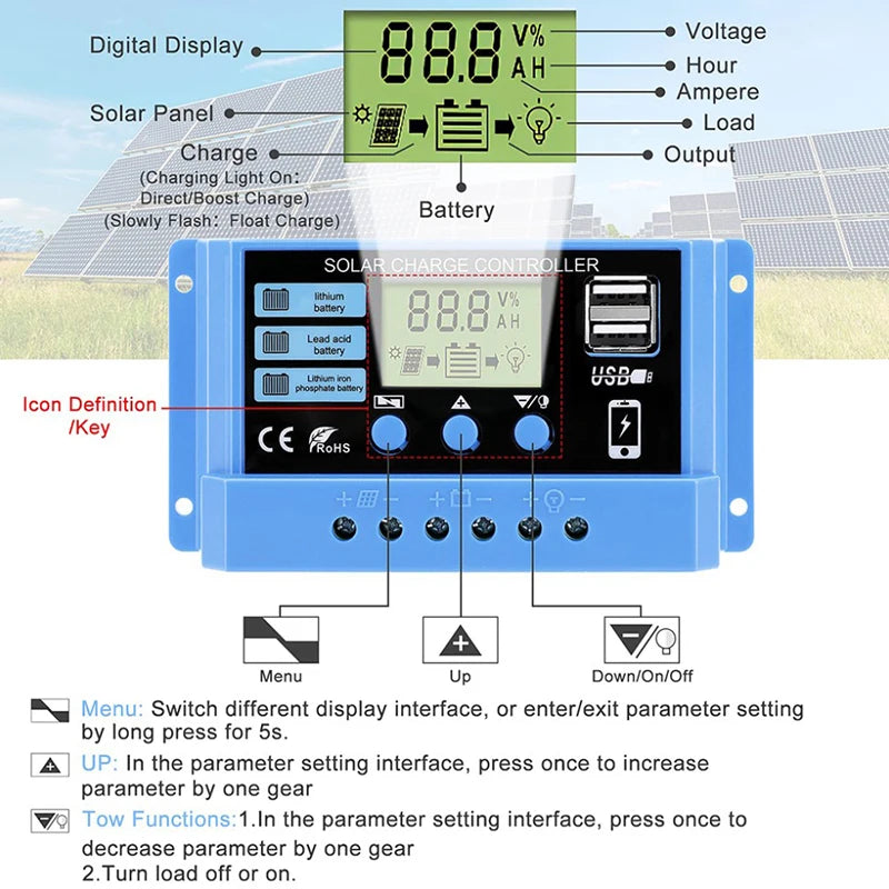Solar charge Controller 12V/24V 30A 20A 10A Solar Regulator PWM Battery Charger LCD Display Dual USB 5V Output Timer Setting