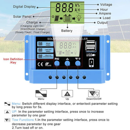 Solar charge Controller 12V/24V 30A 20A 10A Solar Regulator PWM Battery Charger LCD Display Dual USB 5V Output Timer Setting