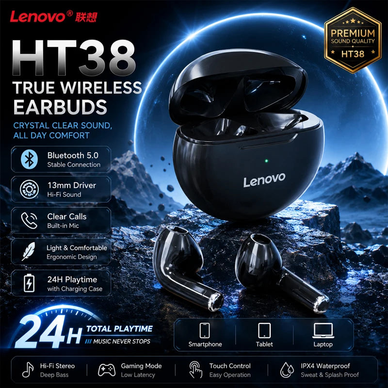 Lenovo HT38 TWS Sport Earphones, Mini Wireless Bluetooth Headset, HiFi Stereo Bass Fast Charging Case Sweatproof Running Earbuds
