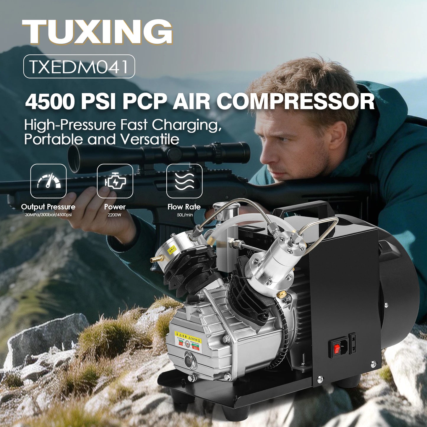 TUXING TXEDM041 300Bar PCP Air Compressor 4500Psi Diving Portable High Pressure Compressor for PCP Paintball Scuba 6.8L Tank