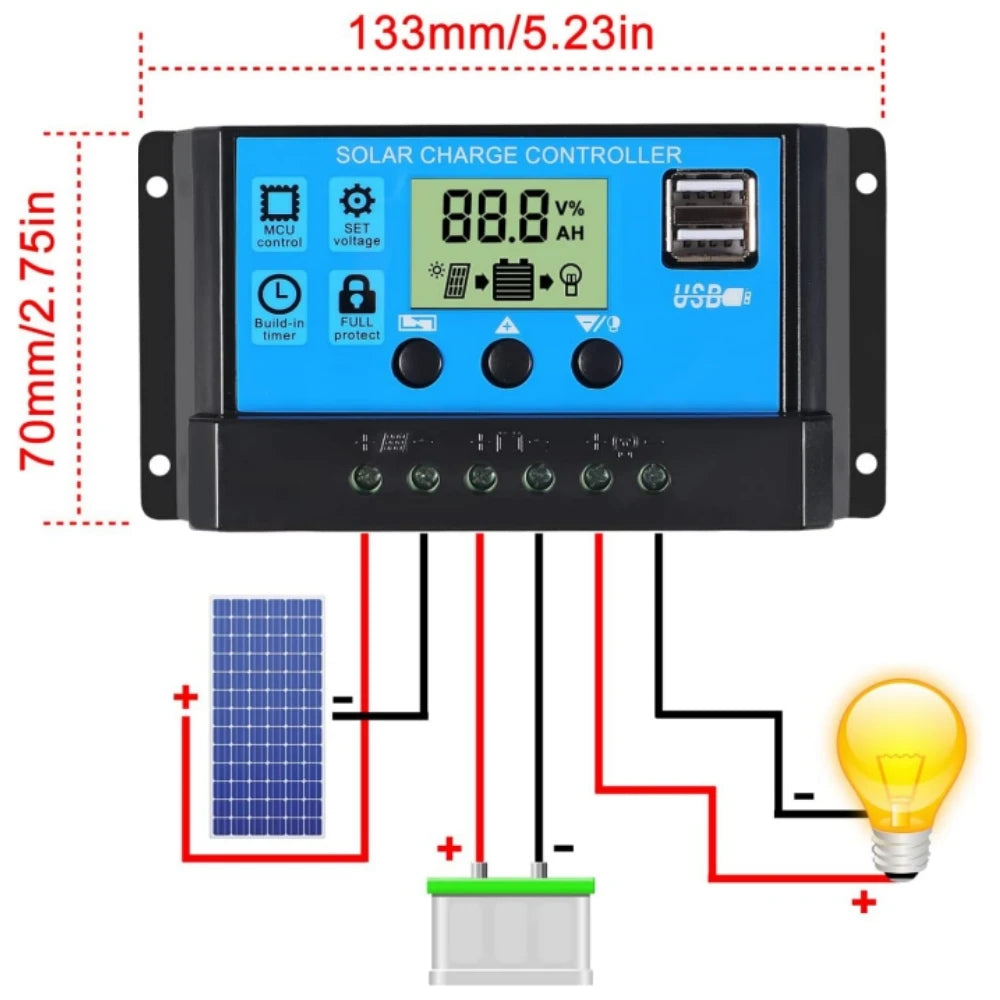 10/20/30/40/100A Solar Charge Controller Discharge Controller LCD Display Dual USB Auto Solar Cell Panel Charger Accessories