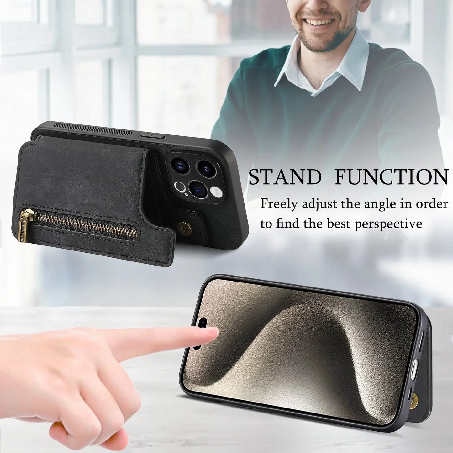 Leather Zipper Wallet with Card Holder Phone Case for IPhone 15 14 11 Pro Max 13 12 Mini X XR XS Max 8 7 Plus Shockproof Cover