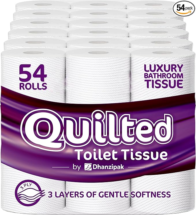 54 Rolls of 3-Ply Premium Quilted Toilet Paper | Generous Length per Roll | Luxuriously Soft, Strong & Highly Absorbent Toilet Tissue (Packaging may vary)