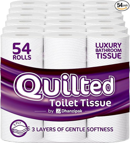 54 Rolls of 3-Ply Premium Quilted Toilet Paper | Generous Length per Roll | Luxuriously Soft, Strong & Highly Absorbent Toilet Tissue (Packaging may vary)