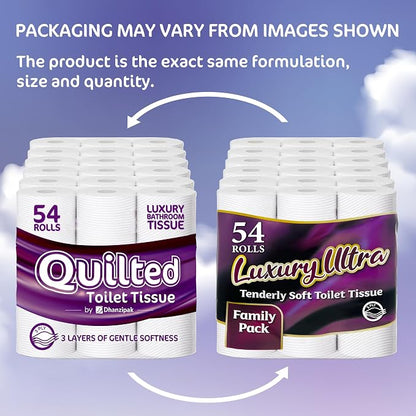 54 Rolls of 3-Ply Premium Quilted Toilet Paper | Generous Length per Roll | Luxuriously Soft, Strong & Highly Absorbent Toilet Tissue (Packaging may vary)