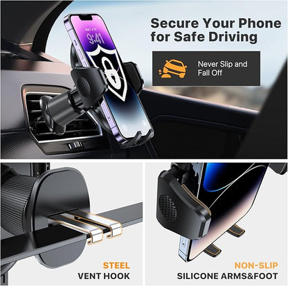 Miracase Car Phone Holder, Stable Double Steel-Hook Air Vent Car Phone Mount Cradle 360°Rotation, One Button Release Mobile Phone Holder for iPhone, Galaxy, All 4.0''-7'' Smartphones