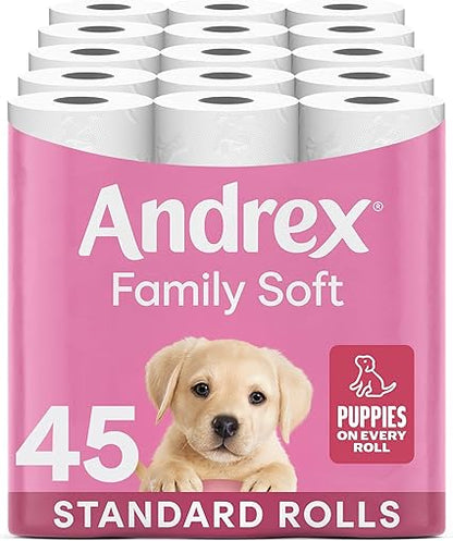 Andrex Family Soft Toilet Roll - 45 Toilet Rolls, Bulk Buy, Fragrance Free, FSC Certified