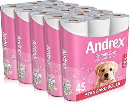 Andrex Family Soft Toilet Roll - 45 Toilet Rolls, Bulk Buy, Fragrance Free, FSC Certified