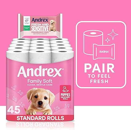 Andrex Family Soft Toilet Roll - 45 Toilet Rolls, Bulk Buy, Fragrance Free, FSC Certified