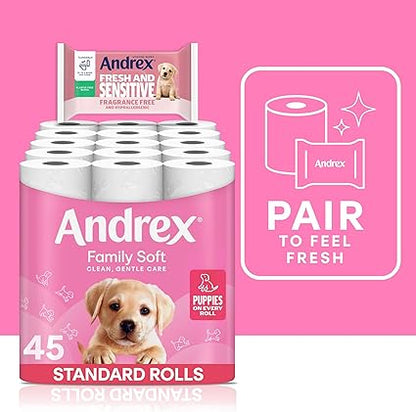 Andrex Family Soft Toilet Roll - 45 Toilet Rolls, Bulk Buy, Fragrance Free, FSC Certified