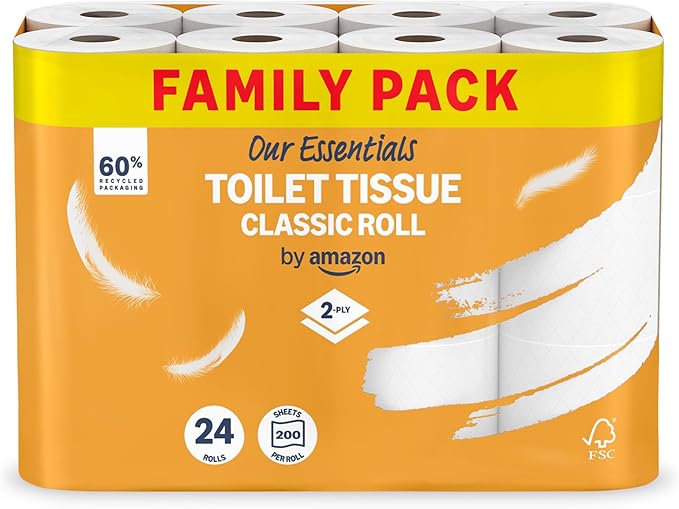 Our Essentials by Amazon Toilet Tissue Classic Roll, 2-ply, 24 Rolls (1 Pack of 24), 200 Sheets per Roll