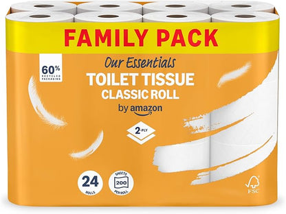 Our Essentials by Amazon Toilet Tissue Classic Roll, 2-ply, 24 Rolls (1 Pack of 24), 200 Sheets per Roll