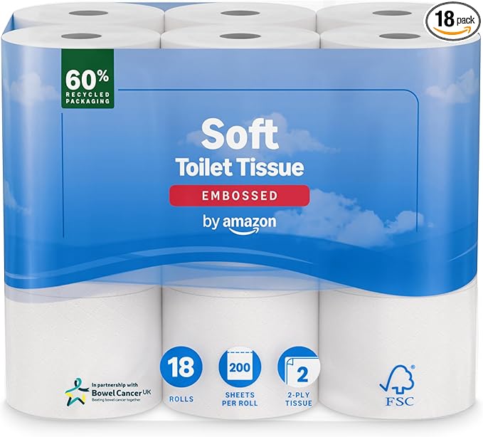 by Amazon Soft Toilet Tissue, 2-Ply, 18 Rolls (Pack of 1), 200 Sheets per Roll, FSC Certified