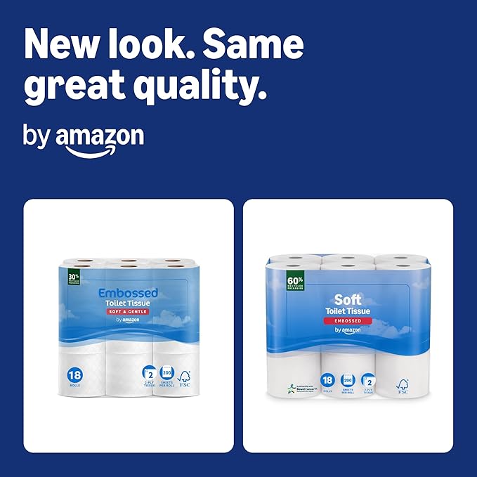 by Amazon Soft Toilet Tissue, 2-Ply, 18 Rolls (Pack of 1), 200 Sheets per Roll, FSC Certified