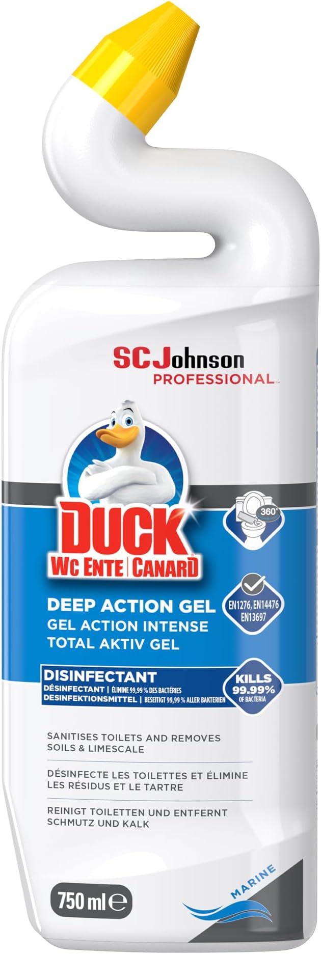 SC Johnson Professional Duck Deep Action Gel Toilet Cleaner, Marine, 750 ml | Angled neck reaches under the rim, removes limescale and mineral deposits, Kills 99.9% Germs, for professional use only