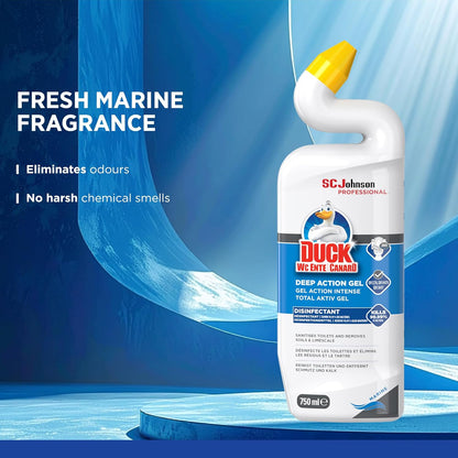 SC Johnson Professional Duck Deep Action Gel Toilet Cleaner, Marine, 750 ml | Angled neck reaches under the rim, removes limescale and mineral deposits, Kills 99.9% Germs, for professional use only