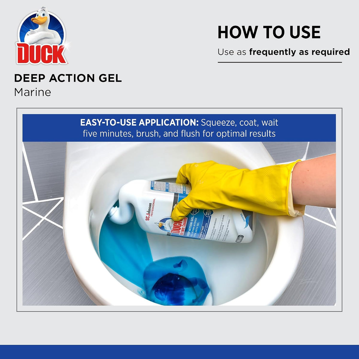 SC Johnson Professional Duck Deep Action Gel Toilet Cleaner, Marine, 750 ml | Angled neck reaches under the rim, removes limescale and mineral deposits, Kills 99.9% Germs, for professional use only