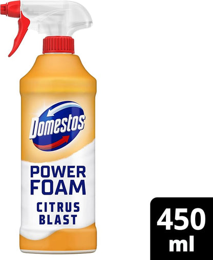Domestos Power Foam Citrus Blast Toilet & Bathroom Cleaner Spray sprays upside down & eliminates 99.99% of germs* for cleaning inside the toilet & around the bathroom 450 ml